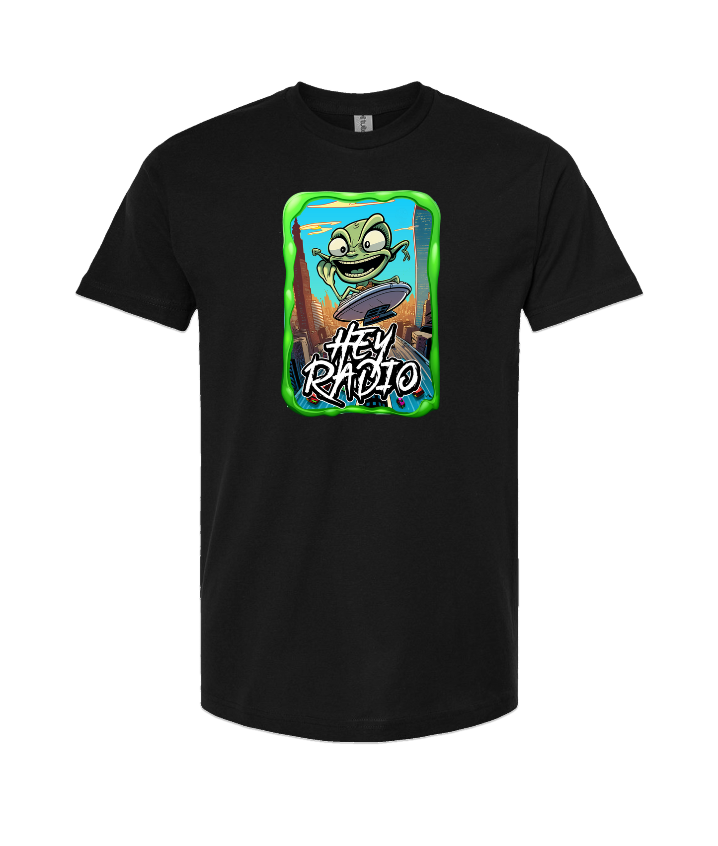 Hey Radio - Alian on a UFO - Black T-Shirt