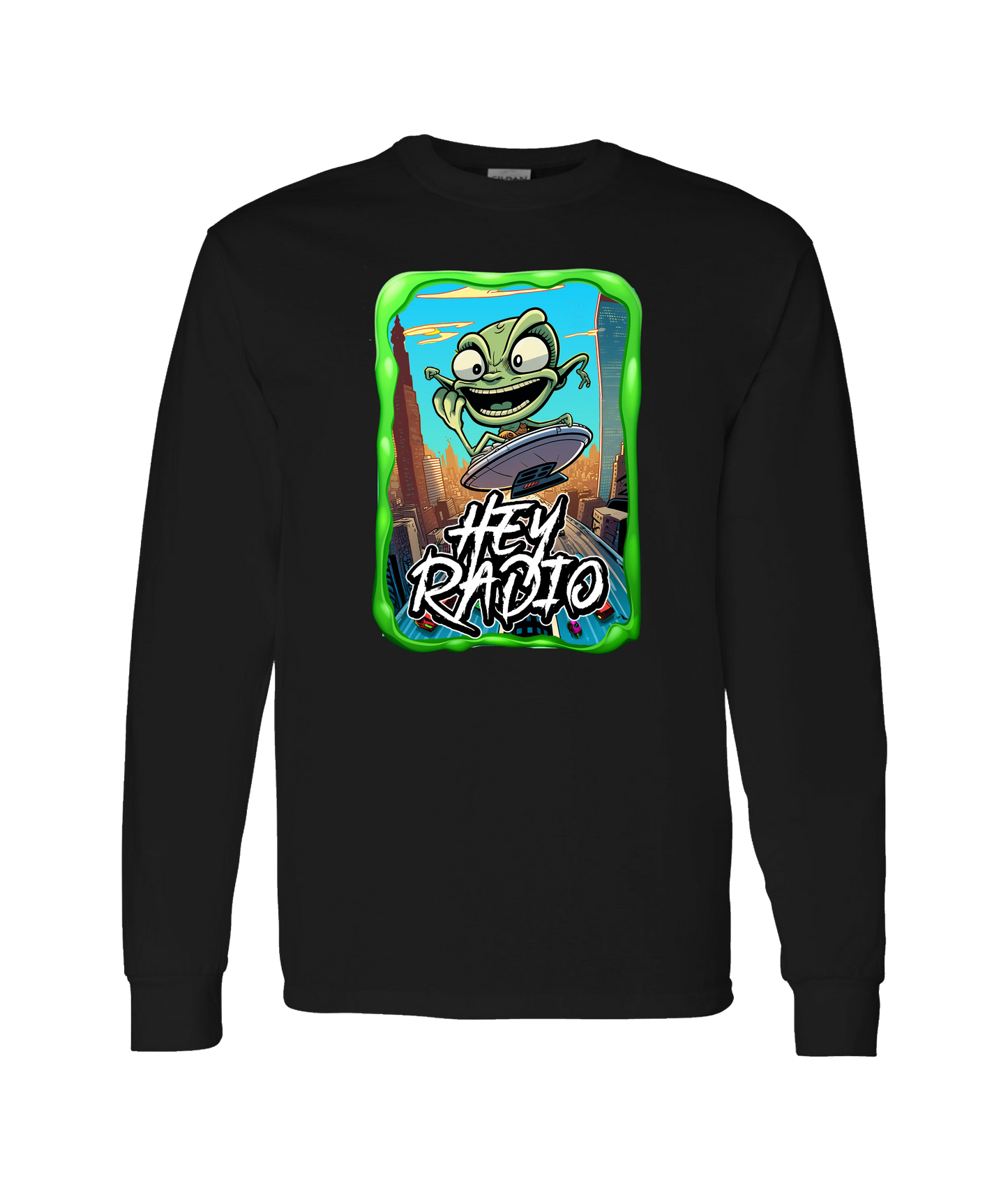 Hey Radio - Alian on a UFO - Black Long Sleeve T
