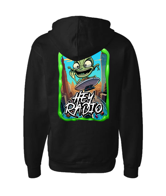 Hey Radio - Alian on a UFO - Black Zip Up Hoodie