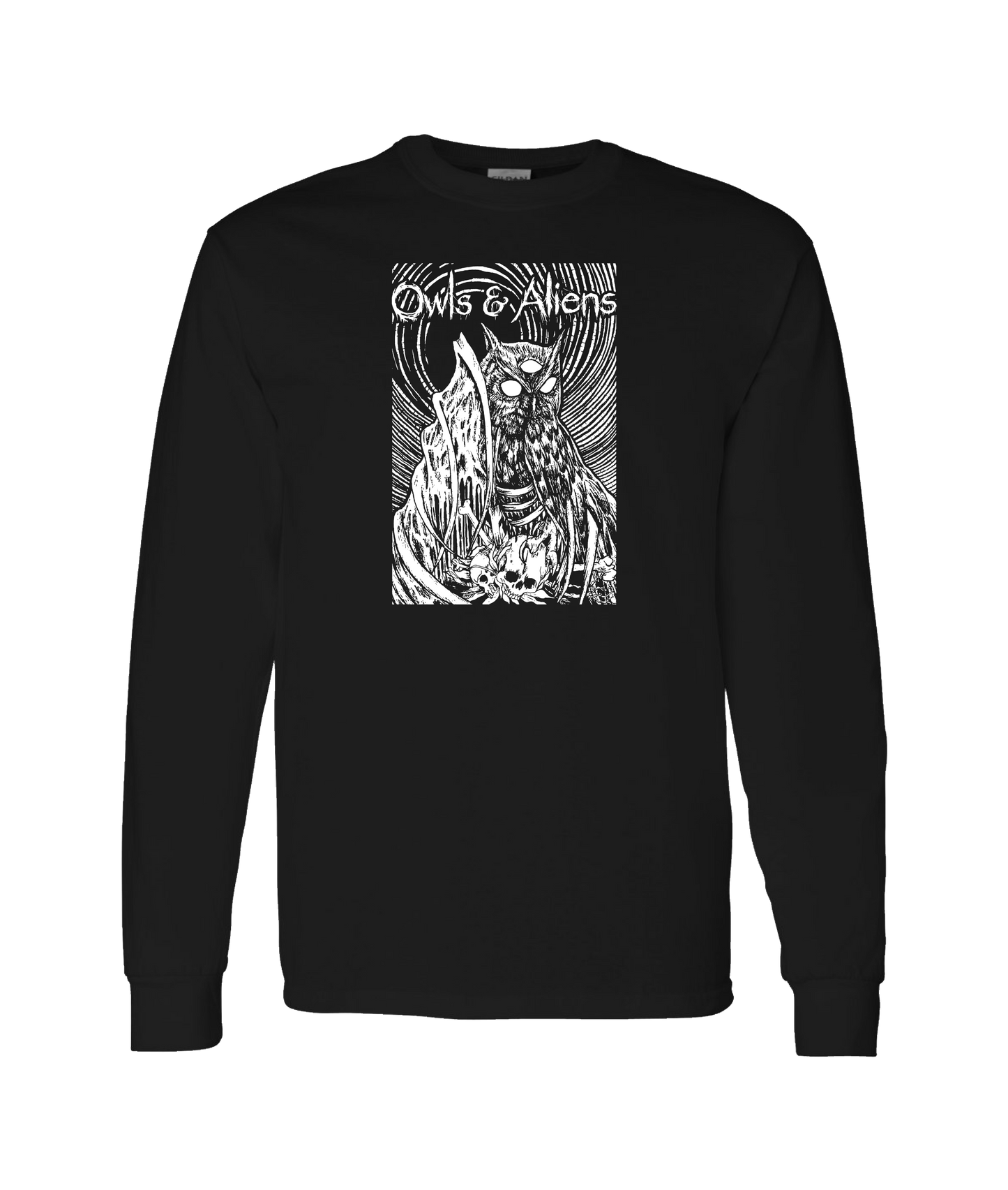 Owls & Aliens - B&W - Black Long Sleeve T