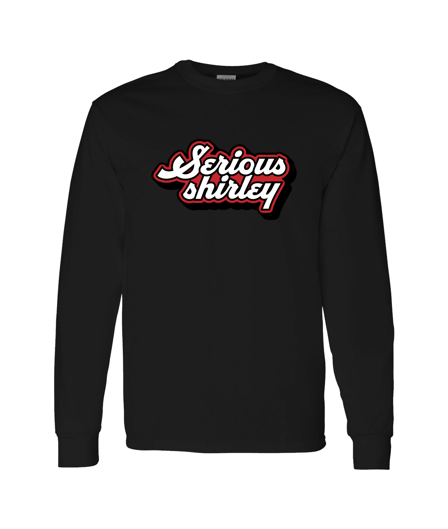 Serious Shirley - Red and White Logo - Black Long Sleeve T