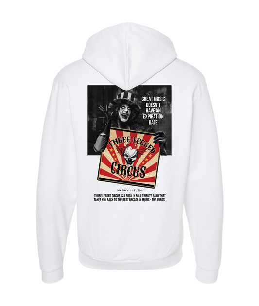 Three Legged Circus - Great Music Doesn't Have an Expiration Date - White Zip Up Hoodie