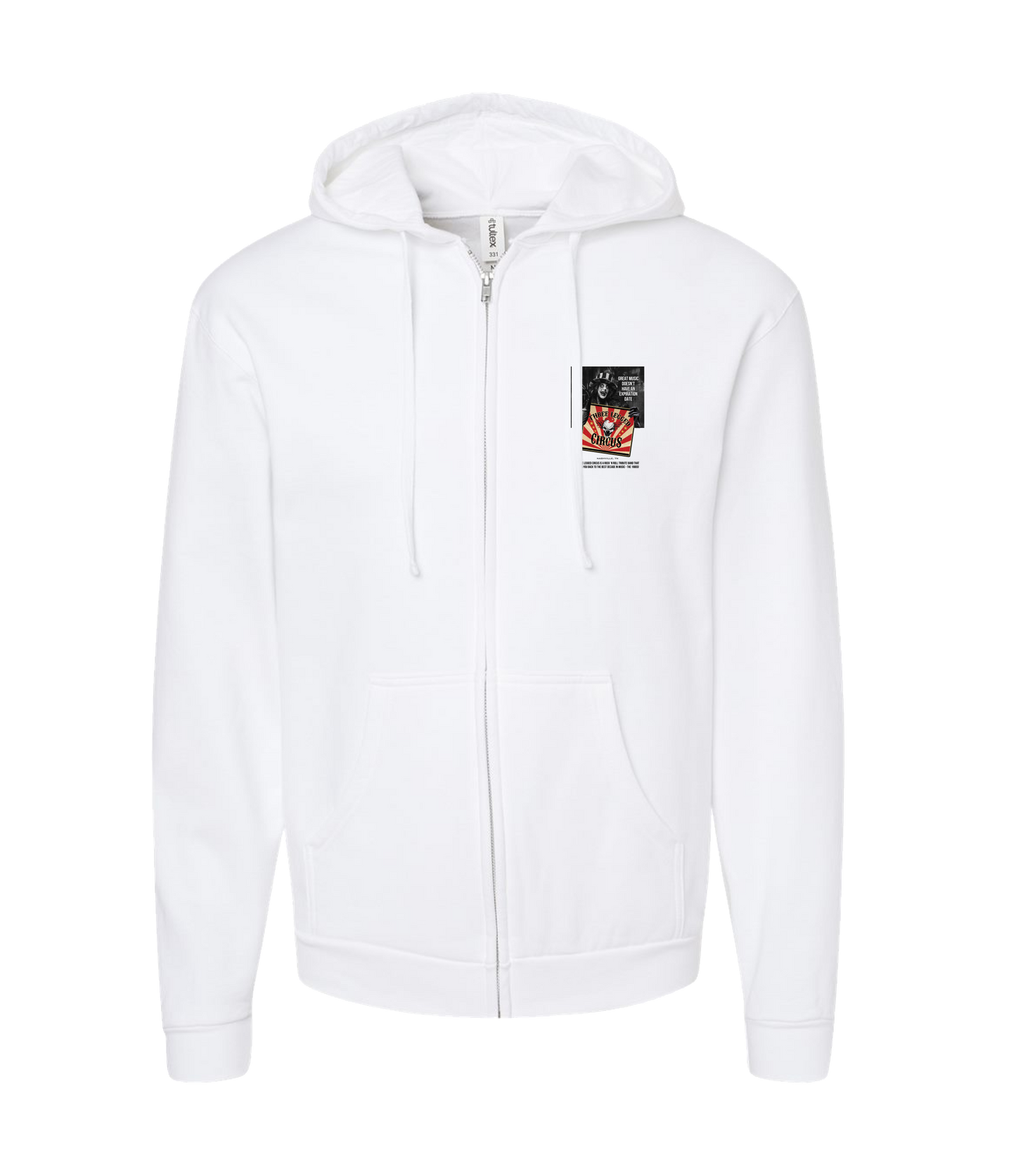 Three Legged Circus - Great Music Doesn't Have an Expiration Date - White Zip Up Hoodie