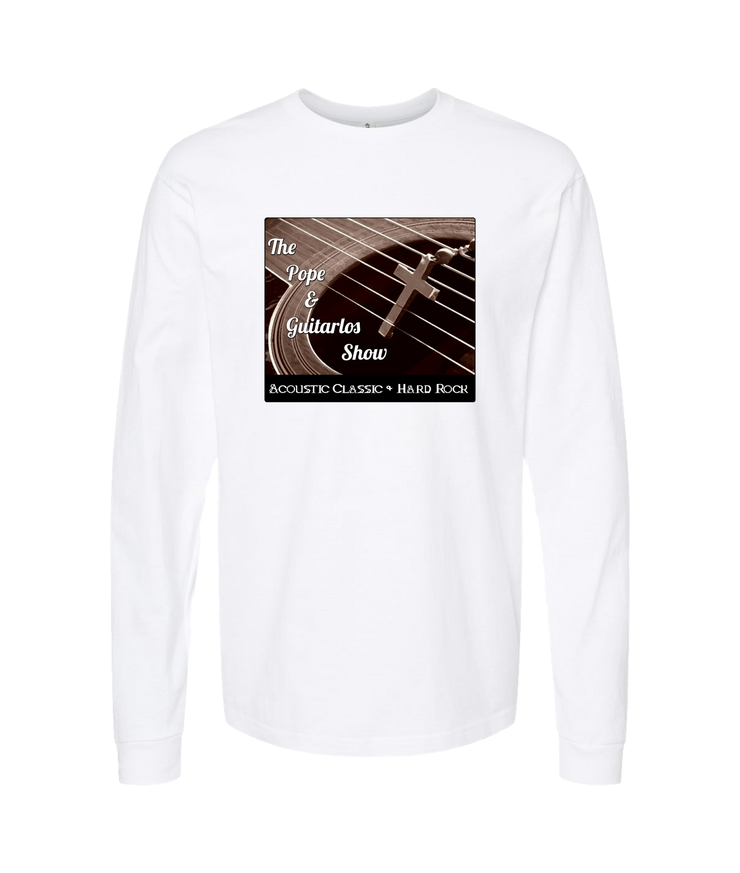 The Pope and Guitarlos Show - Guitar Cross - White Long Sleeve T